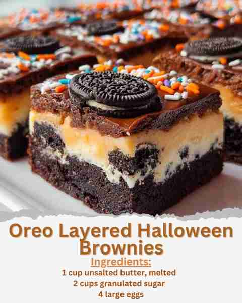Oreo Layered Halloween Brownies Ingredients: - 1 cup unsalted butter, melted - 2 cups granulated sug...