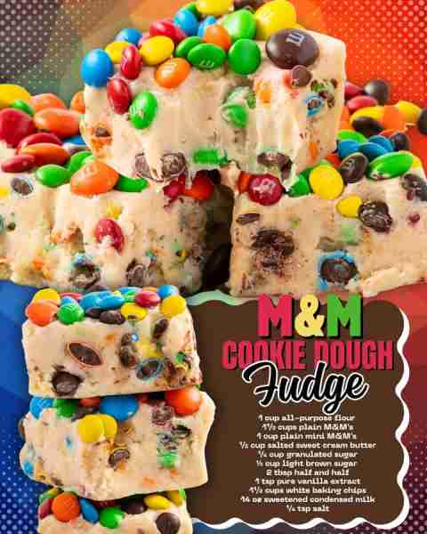 M&M COOKIE DOUGH FUDGE🍪 1 cup all-purpose flour 1½ cups plain M&M’s 1 cup plain mini M&M’s ½ cup sa...