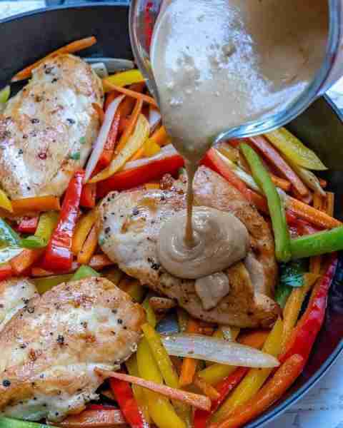 Chicken Satay Stir Fry Skillet - Our peanut butter satay sauce is ABSOLUTELY lick-your-plate kinda g...