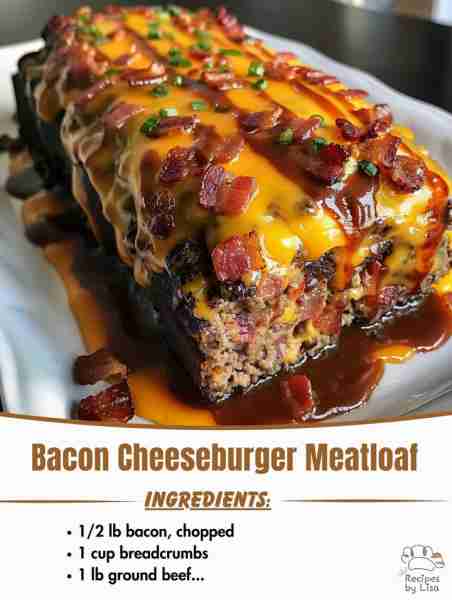 🥓🍔 Bacon Cheeseburger Meatloaf 🍔🥓 Ingredients: 1 lb ground beef 1/2 lb bacon, chopped 1 cu...