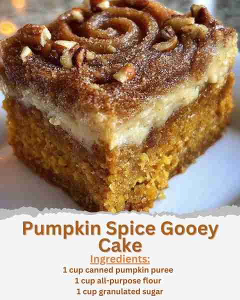 Pumpkin Spice Gooey Cake Ingredients: - 1 cup canned pumpkin puree - 1 cup all-purpose flour - 1 cup...