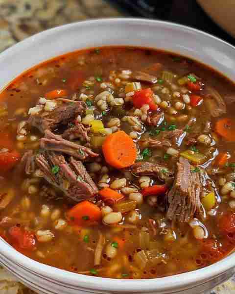 Beef Barley Soup is a delectable combination of beef, carrots, celery, onions, tomatoes, corn, and b...