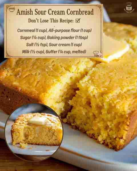 Amish Sour Cream Cornbread 🌽 1 cup cornmeal, 1 cup flour, ¼ cup sugar, 1 tbsp baking powder, ½ tsp...