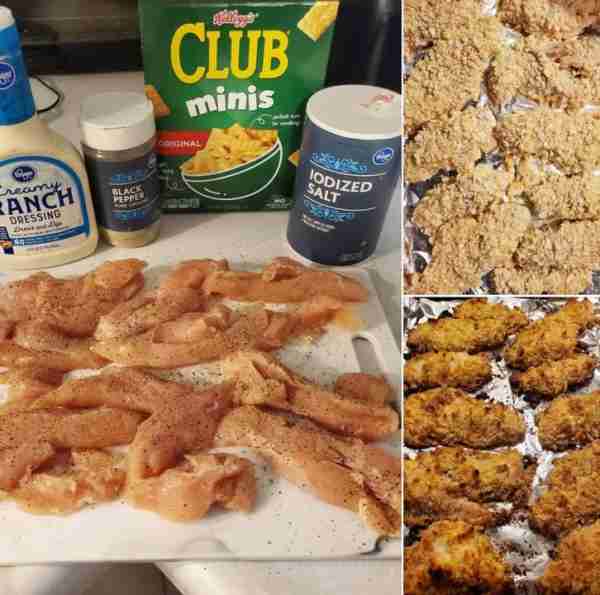 Ranch cracker chicken I pull the tendons out of the chicken tenderloins Season with salt & pepper Di...