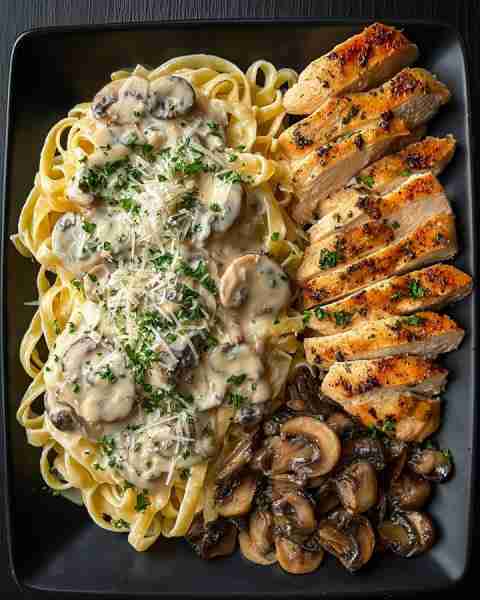 🍝 Creamy Mushroom Fettuccine with Grilled Chicken & Sautéed Mushrooms 🍗🌿 Prep Time: 15 minutes Co...