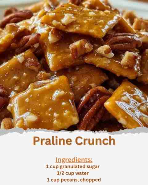 Praline Crunch Ingredients: - 1 cup granulated sugar - 1/2 cup water - 1/4 teaspoon cream of tartar...