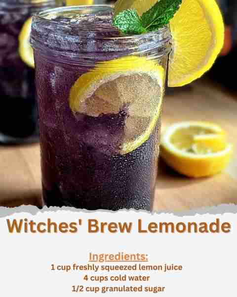 Witches' Brew Lemonade Ingredients: - 1 cup freshly squeezed lemon juice (about 4-6 lemons) - 4 cups...
