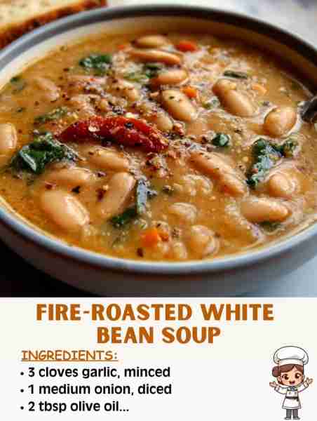 🍲 Fire-Roasted White Bean Soup 🛒 Ingredients 2 tbsp olive oil 1 medium onion, diced 3 cloves garli...