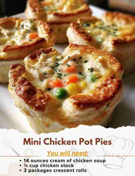 Mini Chicken Pot Pies Ingredients: - 14 ounces cream of chicken soup - ¼ cup chicken stock - 3 packa...