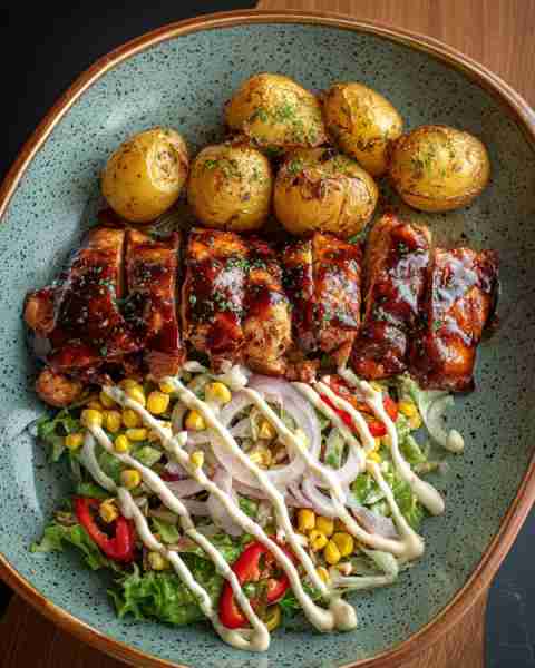 BBQ Chicken with Crispy Potatoes & Fresh Corn Salad 🥗🔥 Prep Time: 15 min Cook Time: 30 min Serving...