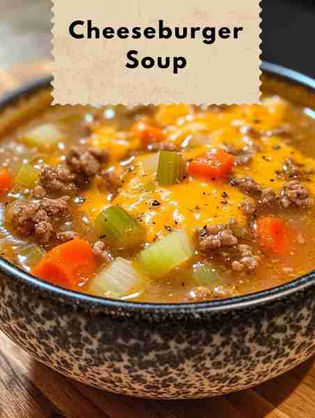 Cheeseburger Soup Ingredients: - 1 pound ground beef - 1 onion, diced - 1 carrot, shredded - 1 celer...