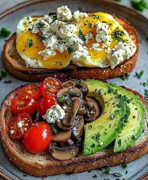 Gourmet Breakfast Toast Duo🥑🍄 A vibrant, flavor-packed breakfast plate featuring two artisanal toa...