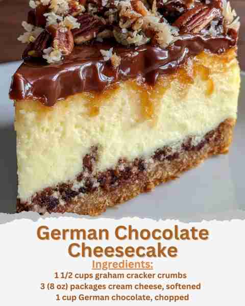 German Chocolate Cheesecake Ingredients: - 1 1/2 cups graham cracker crumbs - 1/4 cup melted butter...
