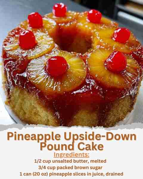 Pineapple Upside-Down Pound Cake Ingredients: - 1/2 cup unsalted butter, melted - 3/4 cup packed bro...