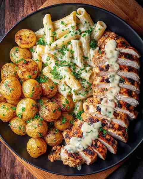 🍗 Creamy Mac & Cheese with Grilled Chicken & Roasted Potatoes 🧀🥔 Prep Time: 15 minutes Cook Time:...