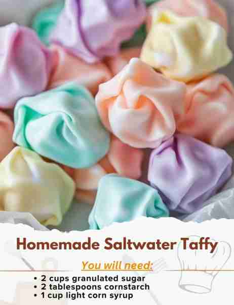 Homemade Saltwater Taffy Ingredients: - 2 cups granulated sugar - 2 tablespoons cornstarch - 1 cup l...