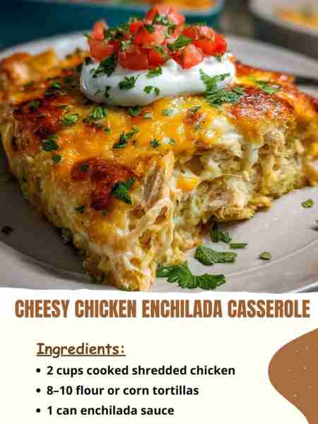 Cheesy Chicken Enchilada Casserole Ingredients 2 cups cooked shredded chicken 8–10 flour or corn tor...