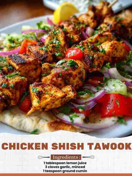 Chicken Shish Tawook Ingredients: 1 tablespoon lemon juice 3 cloves garlic, minced 1 teaspoon ground...