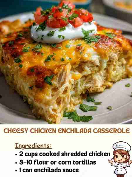 Cheesy Chicken Enchilada Casserole Ingredients 2 cups cooked shredded chicken 8–10 flour or corn tor...