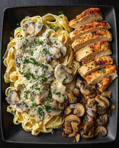 🍝 Creamy Mushroom Fettuccine with Grilled Chicken & Sautéed Mushrooms 🍗🌿 Prep Time: 15 minutes Co...