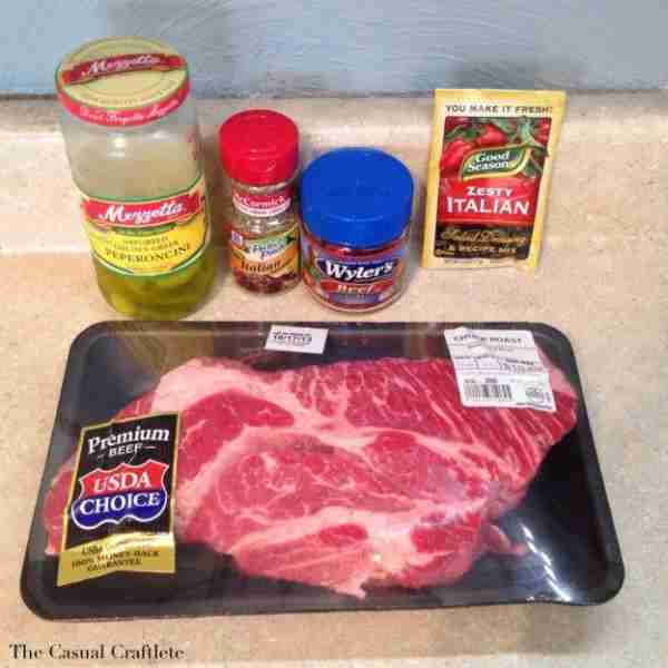 Crock Pot Italian Beef ingredients: Chuck Roast (I used a 2.5 lb roast) 1 Packet of Good Seasons Zes...
