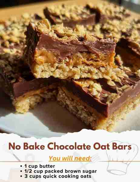 No Bake Chocolate Oat Bars Ingredients: - 1 cup butter - 1/2 cup packed brown sugar - 1 teaspoon van...