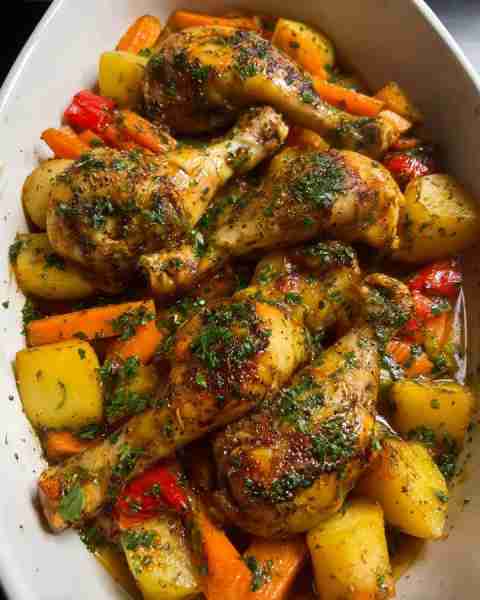 My dad said this needs to be shared — Herb-Roasted Chicken Drumsticks with Potatoes, Carrots & Peppe...