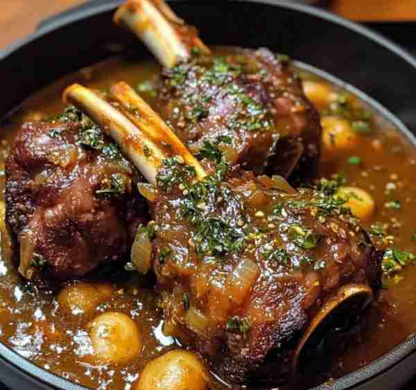 Here's a delicious recipe for **Slow-Braised Lamb Shanks with Aromatic Herbs and Silky Pan Gravy**:...