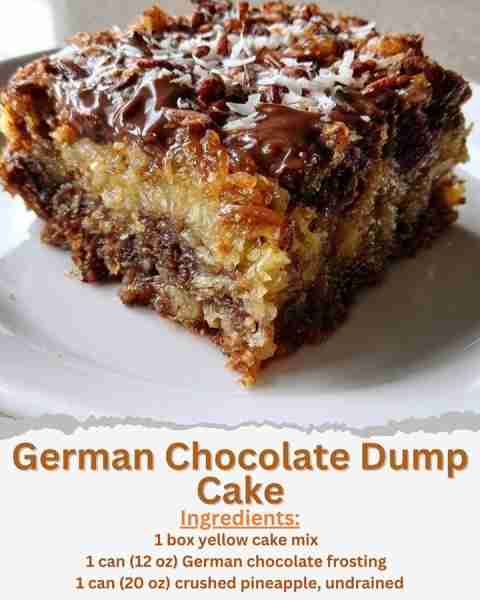 German Chocolate Dump Cake Ingredients: - 1 box yellow cake mix - 1 can (12 oz) German chocolate fro...