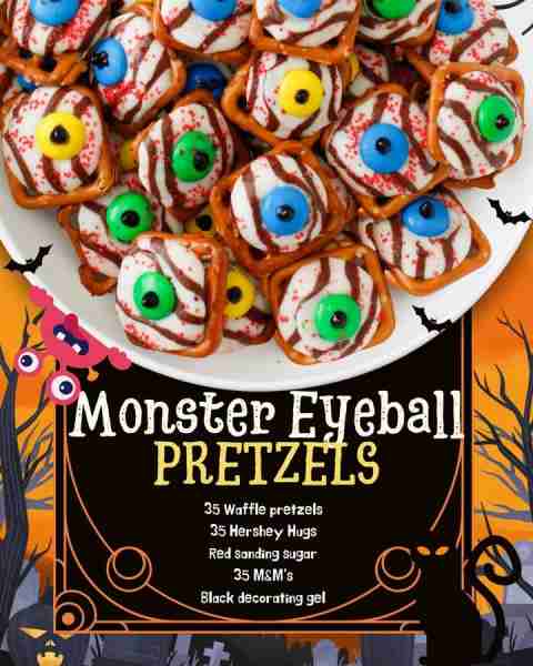HALLOWEEN PRETZELS MONSTER EYEBALLS! 35 Waffle pretzels 35 Hershey Hugs Red sanding sugar 35 M&M’s B...