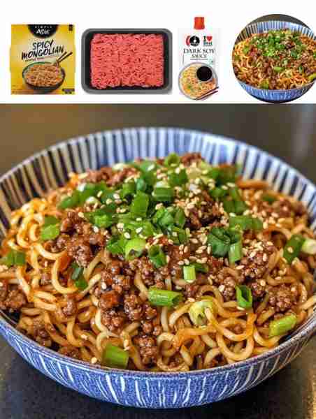 Mongolian Noodles with Ground Beef Ingredients: - 8 oz. Mongolian noodles - 1 lb. ground beef - 1 on...