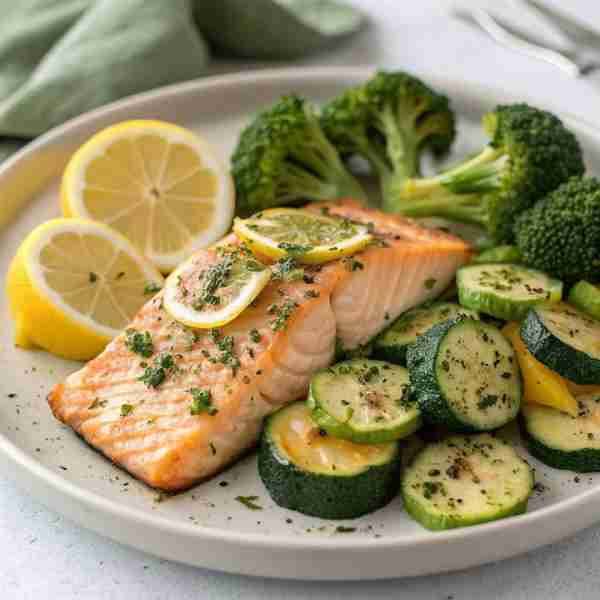 Lemon-Herb Salmon with Roasted Broccoli & Zucchini 🍋🥦 A clean, protein-rich dish with minimal ingr...