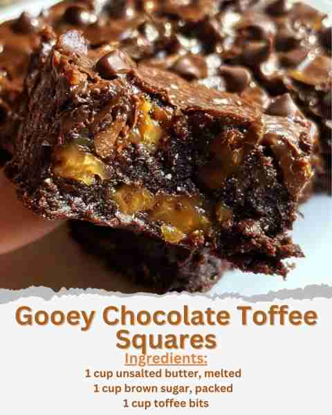 Gooey Chocolate Toffee Squares Ingredients: - 1 cup unsalted butter, melted - 1 cup brown sugar, pac...