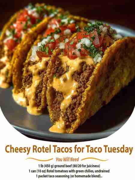 Cheesy Rotel Tacos for Taco Tuesday Ingredients For the Cheesy Rotel Beef Filling: 1 lb (450 g) grou...