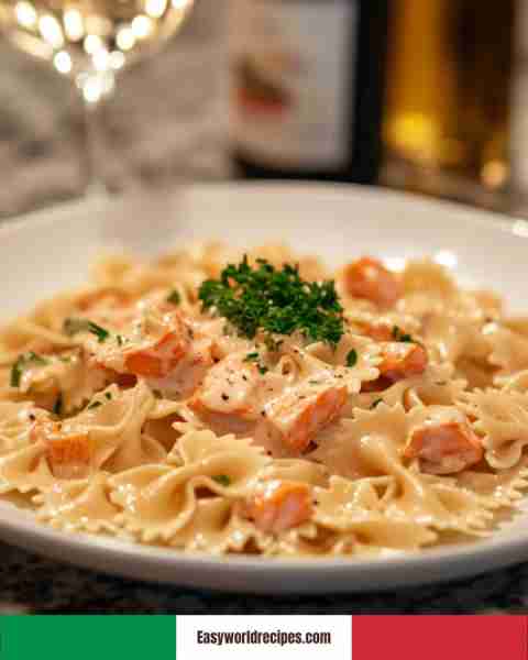 🥂 Farfalle con Salmone A creamy and elegant Farfalle con Salmone, with bow-tie pasta and salmon in...