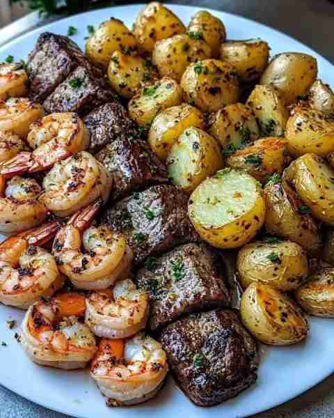 Garlic Butter Steak, Shrimp & Herb Potatoes 🧂 Ingredients: For the Steak: 2 ribeye or sirloin steak...
