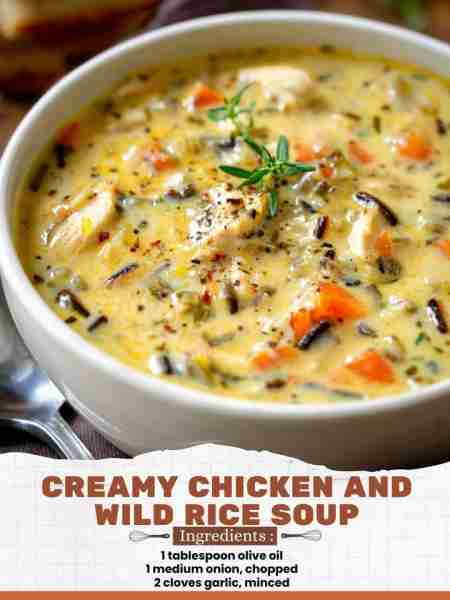 Creamy Chicken and Wild Rice Soup Ingredients: 1 tablespoon olive oil 1 medium onion, chopped 2 clov...