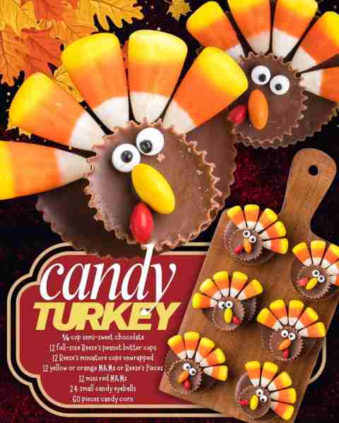 THANKSGIVING CANDY TURKEY! ¼ cup semi-sweet chocolate 12 full-size Reese’s peanut butter cups 12 Ree...