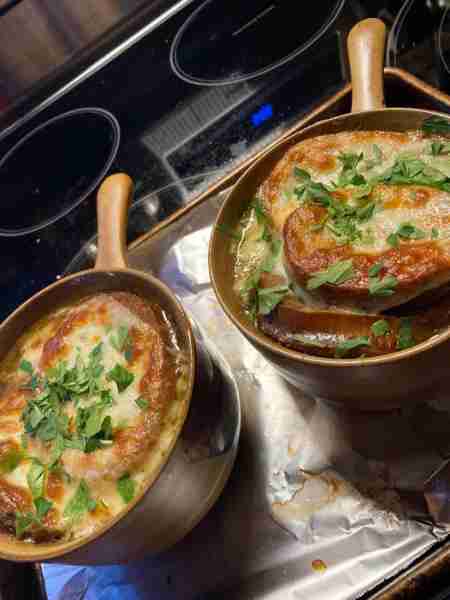 Chilly night. French Onion Soup. Here is my recipe. 3 large sweet onions Sliced half moon. Sauté wit...