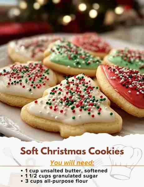 Soft Christmas Cookies Ingredients: - 1 cup unsalted butter, softened - 1 1/2 cups granulated sugar...