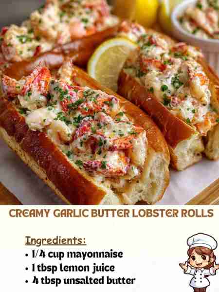 Creamy Garlic Butter Lobster Rolls Ingredients ¼ cup mayonnaise 1 tbsp lemon juice 4 tbsp unsalted b...