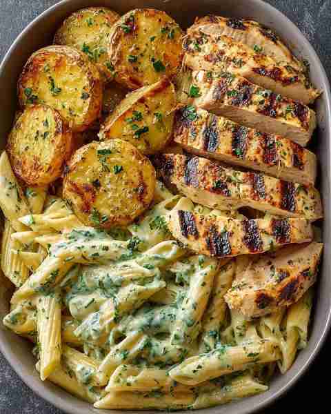 🍗 Grilled Chicken with Creamy Herb Pasta & Crispy Potatoes 🥔🍝🌿 Prep Time: 20 minutes Cook Time:...