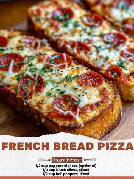 French Bread Pizza Ingredients: 1/2 cup pepperoni slices (optional) 1/4 cup black olives, sliced 1/2...