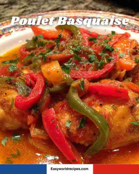 🍗🇫🇷 Poulet Basquaise A colorful Basque-style chicken dish with peppers, tomatoes, and aromatic herb...