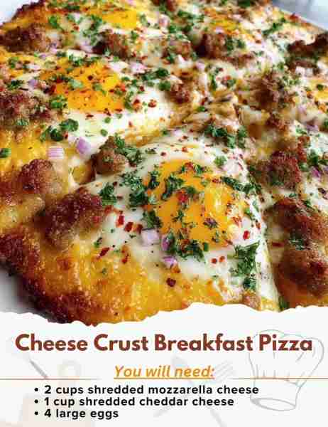 Cheese Crust Breakfast Pizza Ingredients: - 2 cups shredded mozzarella cheese - 1 cup shredded chedd...