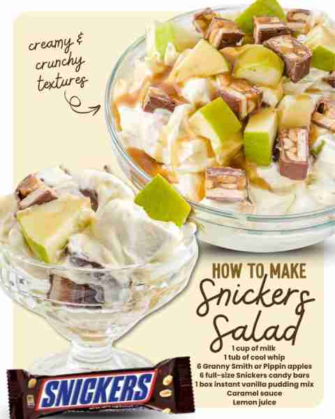 SNICKERS SALAD -- fluffy, sweet & so simple! INGREDIENTS ⬇️ 3.4 oz vanilla instant pudding mix 1 cup...