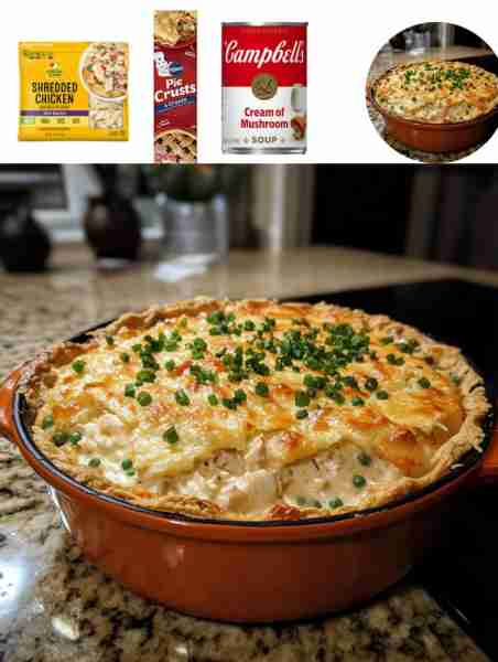 Chicken Pot Pie Ingredients: - 2 cups cooked chicken, shredded - 1 cup frozen mixed vegetables - 1 c...