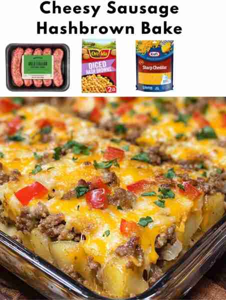 Cheesy Sausage Hashbrown Bake Ingredients: - 1 pound of ground sausage - 1 package of frozen hashbro...