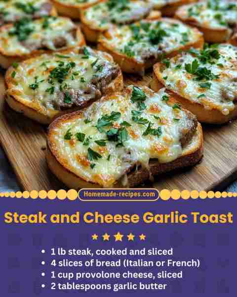 Steak and Cheese Garlic Toast 📋 Ingredients: • 1 lb steak, cooked and sliced • 4 slices of bread (I...