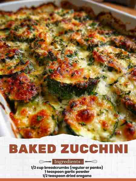Baked Zucchini Ingredients: 1/2 cup breadcrumbs (regular or panko) 1 teaspoon garlic powder 1/2 teas...